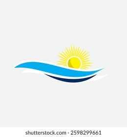 Sunrise over ocean waves icon. Features a yellow sun above stylized blue waves. Represents nature, travel, or summer themes. Simple and clean vector design.