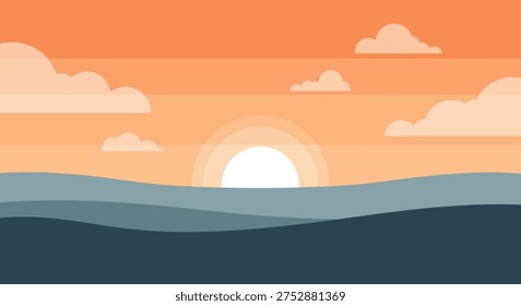Sunrise over ocean waves, minimalist illustration, warm lighting, scenic background