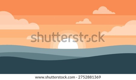 Sunrise over ocean waves, minimalist illustration, warm lighting, scenic background