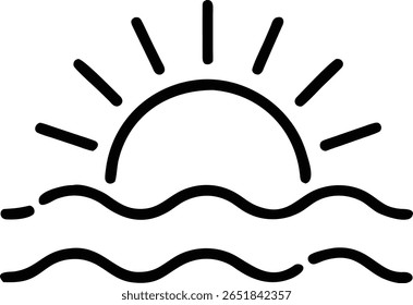 Salida del sol sobre las olas del océano, una Ilustración vectorial de sol de verano en el horizonte, diseño de arte de línea 100