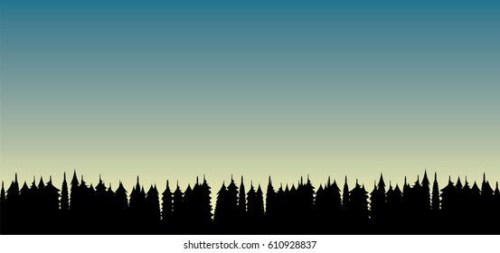 Sunrise over pine tree forest silhouette
beautiful skyline, vector nature illustration