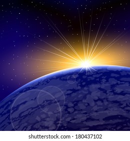 Sunrise over a planet in space on a background from stars; Eps10