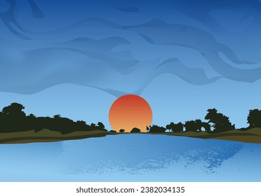 sunrise over the river, a sunset over a lake with trees and water vector vintage illustrations 