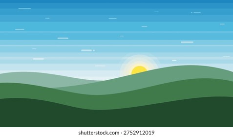 Sunrise over rolling green hills, minimalist landscape, bright and airy, nature background
