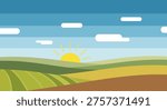 Sunrise over rolling hills and fields, landscape with clouds