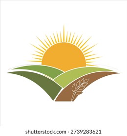Sunrise over rolling hills and fields with a stylized wheat stalk, agricultural logo design