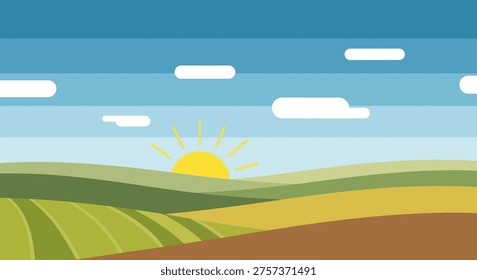 Sunrise over rolling hills and fields, landscape with clouds