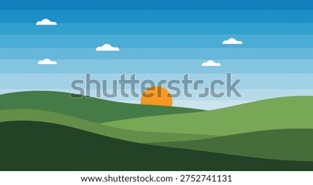 Sunrise over rolling hills landscape illustration
