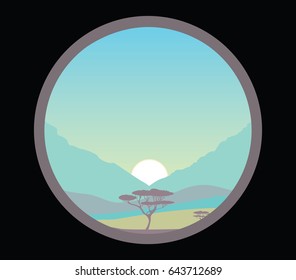 Sunrise over savanna vector illustration, nature landscape, abstract, circle frame