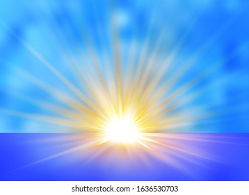 Sunrise over the sea, dawn. Vector transparent sunlight.