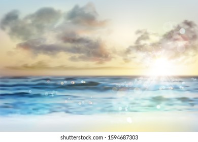 Sunrise over the sea. Empty sandy beach in summer. Waves on the seashore. Vector illustration.