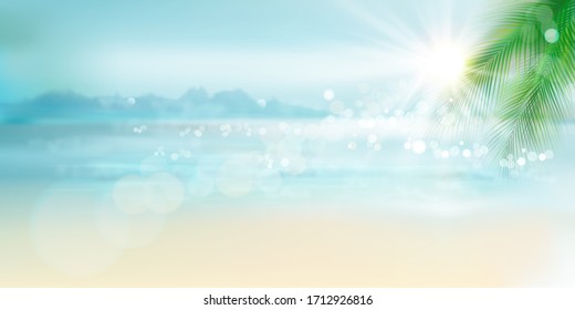 Sunrise over the sea. Empty sandy beach in summer. Waves on the seashore. Vector illustration.