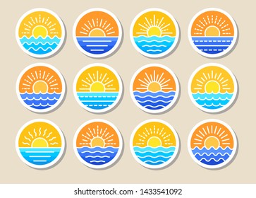 Sunrise over sea. Sunset over ocean. Summer round labels, emblems with sun & waves. Set of flat symbols, signs for travel & tourism. Colorful vector illustration