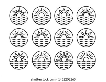 Sunrise over sea. Sunset over ocean. Summer round labels, emblems with sun & waves. Set of line symbols, signs for travel & tourism. Black & white vector illustration
