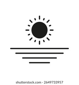 Sunrise Over Water Solid Icon (em inglês). Tranquilidade Da Manhã, Novos Começos E Símbolo De Silhueta De Beleza Da Natureza. A cena do amanhecer pacífico. Ilustração de vetor isolada.