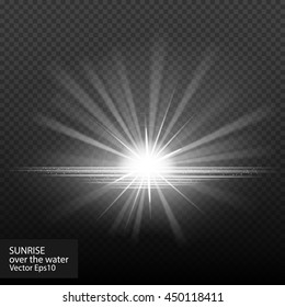 Sunrise over the water. Sunset. Really transparent effects. Vector stock illustration. Dawn, halo, sunlight.