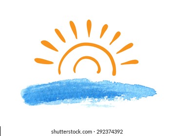 Sunrise over the water, vector logo illustration