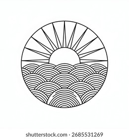 Sunrise Over Waves Drawing Outline | Nature Landscape Illustration Black and White