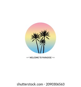 Sunrise with palm trees on the tropical island. Summer holidays design Labels, banner, card, Badges, emblem, vector illustration.