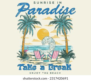Sunrise in paradise. Big wave with palm tree vector design. Take a break. Enjoy the beach. Summer vibes print design.