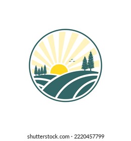 Sunrise pine trees landscape logo design vector illustration