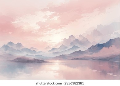 Sunrise pinkish orange sky with mountans, clouds, and lake landscape. Watercolor mountain lake landscape vector illustration.