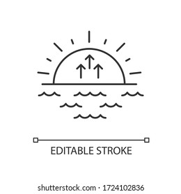 Sunrise pixel perfect linear icon. Morning sunlight, dawn, weather forecast thin line customizable illustration. Contour symbol. Sun rising vector isolated outline drawing. Editable stroke