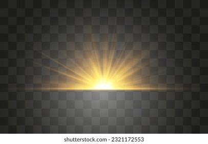 Sunrise png. Vector transparent light beams. Light png. Special flash light effect. Glowing sunbeams effect, bright sun. Decor element isolated on transparent background.