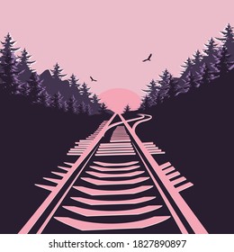 Sunrise. Railway surrounded by forest.  Background  vector illustration
