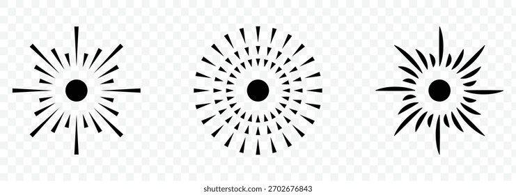 Sunrise rays light burst line shine sunshine. Set of vector line icons representing fireworks, confetti and celebration bursts. Radial circle lines. Circular radiating lines geometric design element.