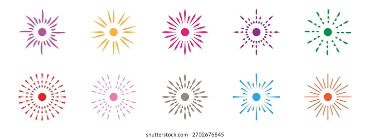 Los rayos del amanecer, la luz de la línea de la explosión, brillan al sol. Conjunto de iconos de línea de Vector que representan fuegos artificiales, confeti y ráfagas de celebración. Líneas radiales circulares. Elemento de diseño geométrico de líneas circulares radiantes.