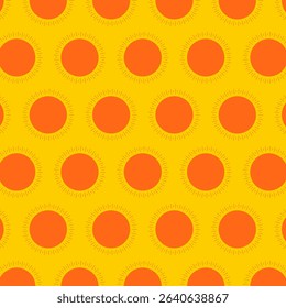 Sunrise repeat pattern.Colorful sunshine abstract background with orange circles isolated on yellow background.Summer seamless pattern with sun.