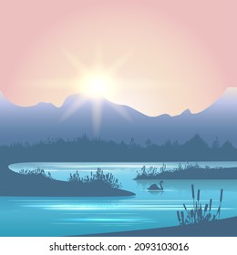 El paisaje del río Sunrise. Imagen de la naturaleza del lago Sunset con montañas, pájaro cisne sobre el agua, scirpus typha shores ilustración vectorial, tranquilizando a la fauna salvaje mañana camping panorámico gráficos