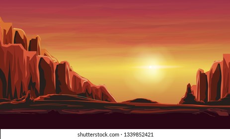 Sunrise in a sandy canyon in warm orange tones. Vector illustration