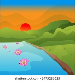 
sunrise scenery Sun in sky water vector background