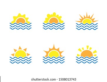 Sunrise and sea cartoon logo temlates collection. Water waves and sunbeam icons set. Travel agency concept