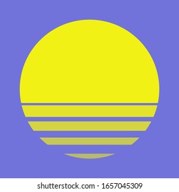 Sunrise sea element. The yellow sun is rising or setting in the sea waves. Vector illustration isolated on blue background