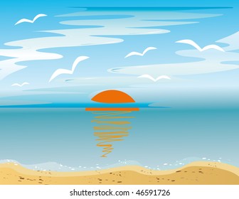 Sunrise and sea gulls over the sea. Vector illustration