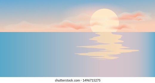 Sunrise and sea landscape. Golden hour in the morning. Vector illustration.