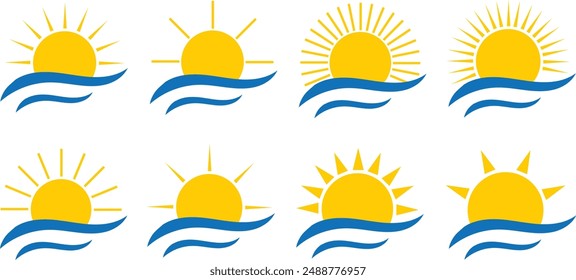 Sunrise and sea logo. Blue water waves and sunbeam icons set vector illustration.