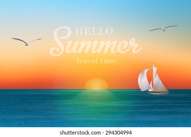Sunrise in the sea with a sailboat and seagulls. Summer holidays vector background. EPS 10