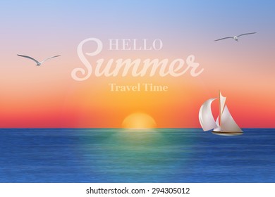 Sunrise in the sea with a sailboat and seagulls. Summer holidays vector background. EPS 10
