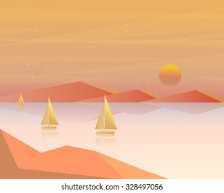 Sunrise in the sea with sailboat. Summer holidays vector background.