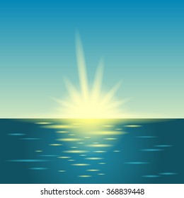 Sunrise in the sea. Summer holidays vector background.  blue sky and sea