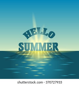 Sunrise in the sea. Summer holidays vector background.  blue sky and sea. Hello summer poster concept