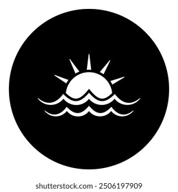 A sunrise at sea symbol in the center. Isolated white symbol in black circle. Vector illustration on white background