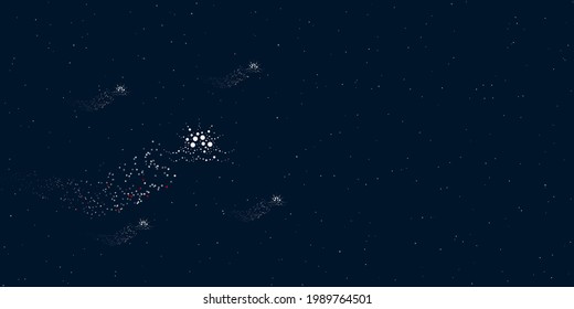 A sunrise at sea symbol filled with dots flies through the stars leaving a trail behind. There are four small symbols around. Vector illustration on dark blue background with stars