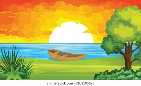 Sunrise with sea and trees Background vector illustration