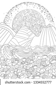 sunrise seascape with stone beach for your coloring page