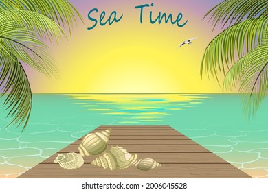 Sunrise at the seaside in illustration.Color vector illustration of sunrise on the background of the sea.